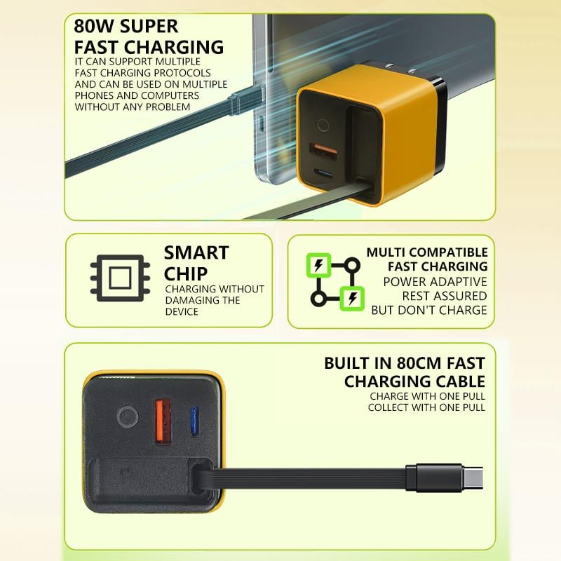 3 in 1 GaN Charger,Scalable 80W MAX fast charger module with Type-C cable and 1 USB ports
