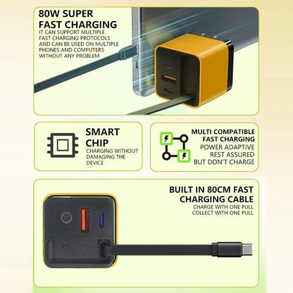 3 in 1 GaN Charger,Scalable 80W MAX fast charger module with Type-C cable and 1 USB ports